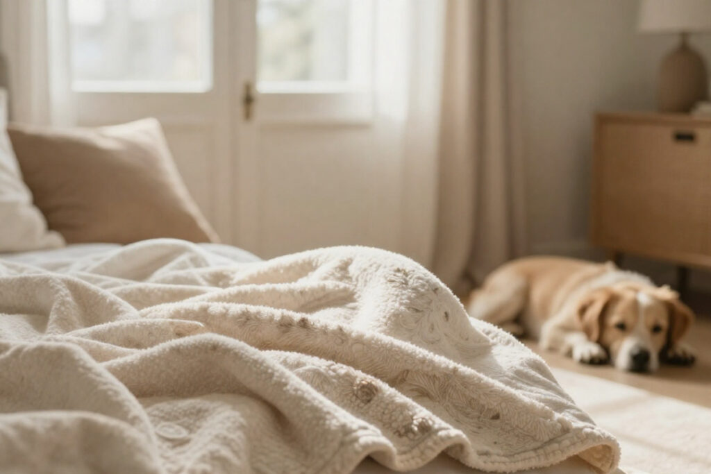 Babydecke im Wohnzimmer während ein Hund entspannt daneben liegt