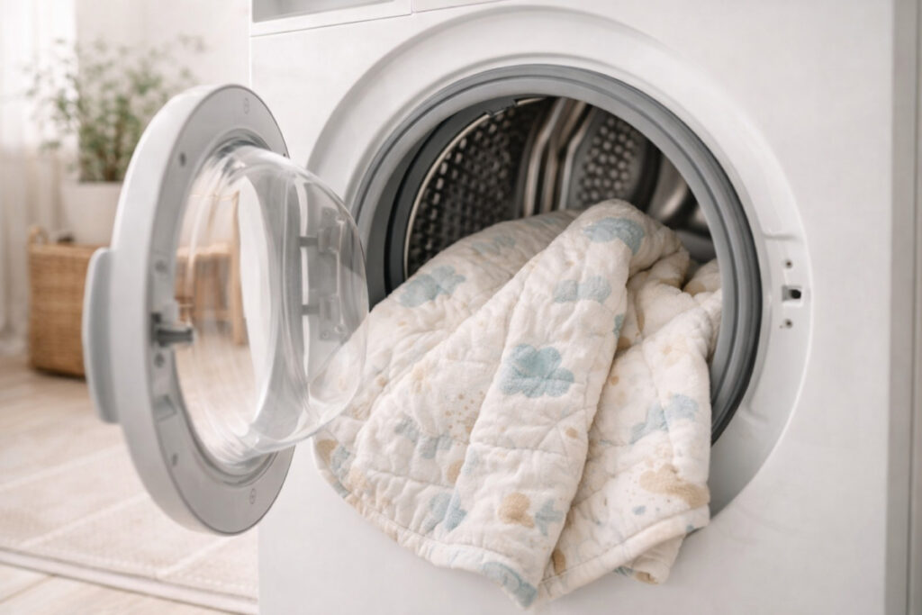 babydecke mit mildem Waschmittel in Waschmaschine waschen