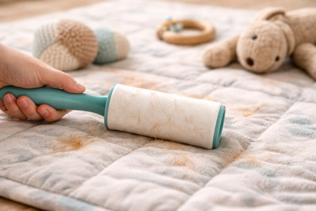 Katzenhaare mit Fusselrolle von Babydecke entfernen