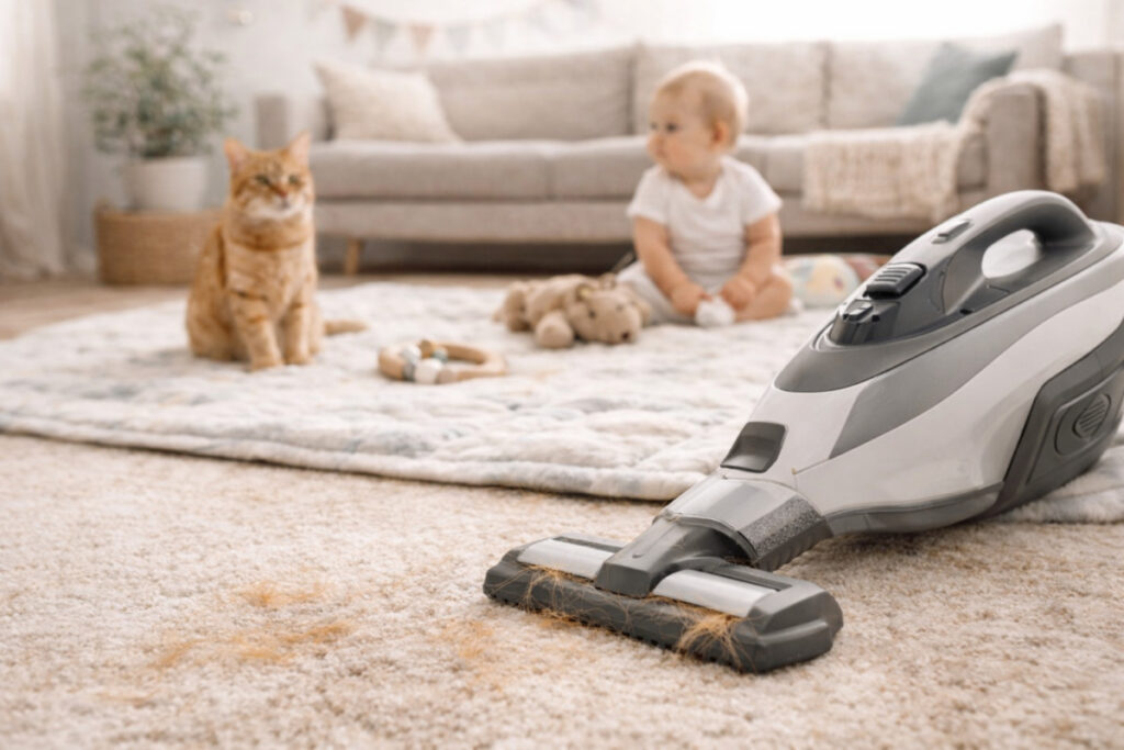 katzenhaare von krabbeldecke saugen mit speziellem Tierhaar hand staubsauger