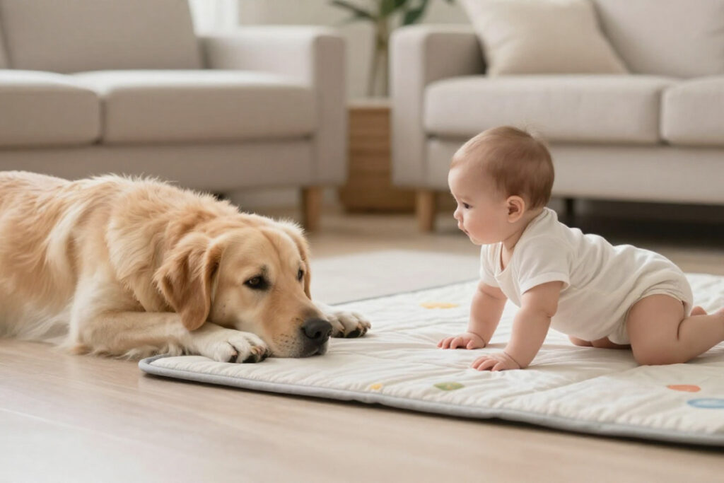 Großer Hund beobachtet aufmerksam ein Baby auf einer Spieldecke
