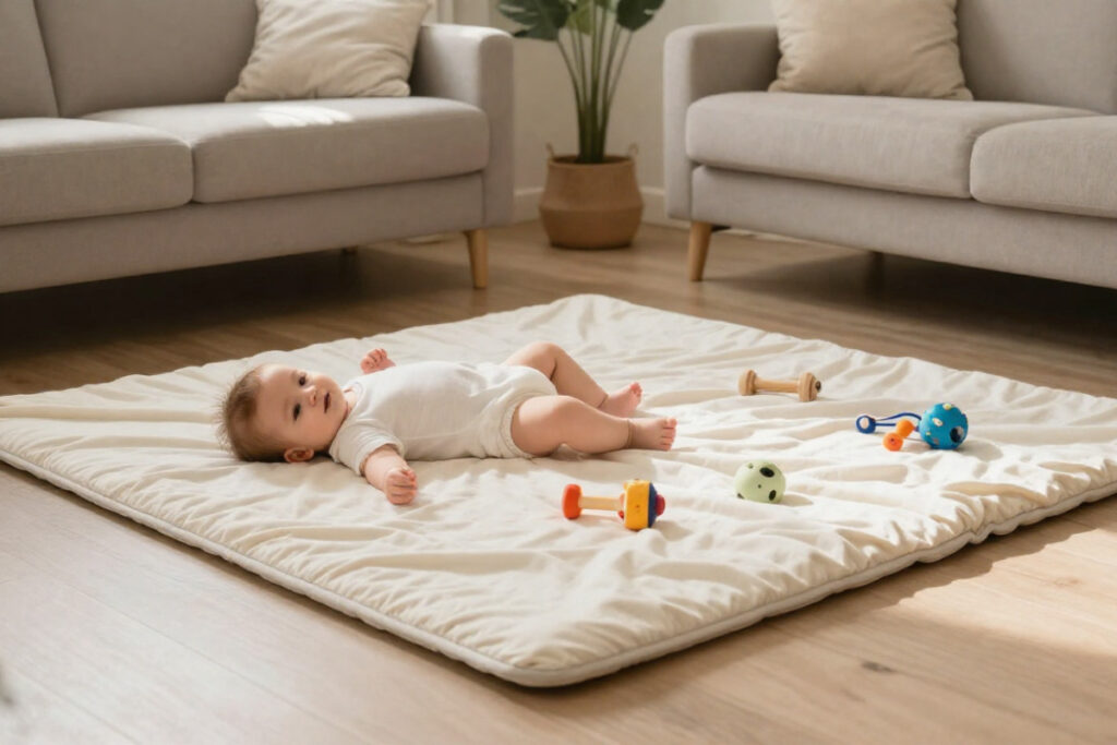 Baby Krabbeldecke mit Spielzeug im Wohnzimmer