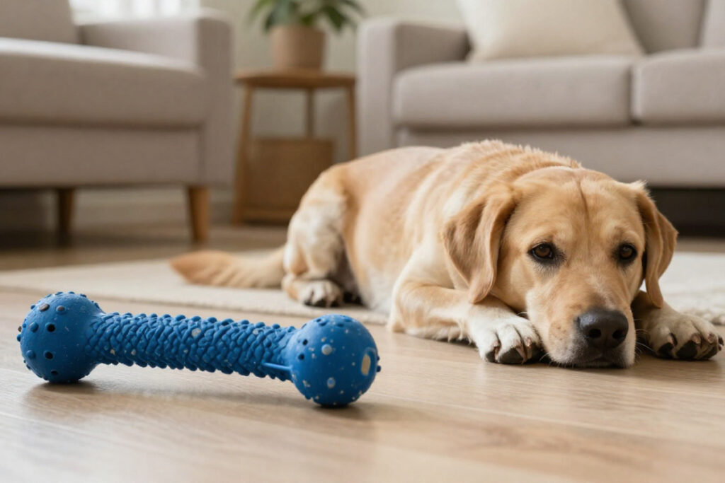 Robustes Hundespielzeug liegt neben einem großen Hund im Wohnzimmer