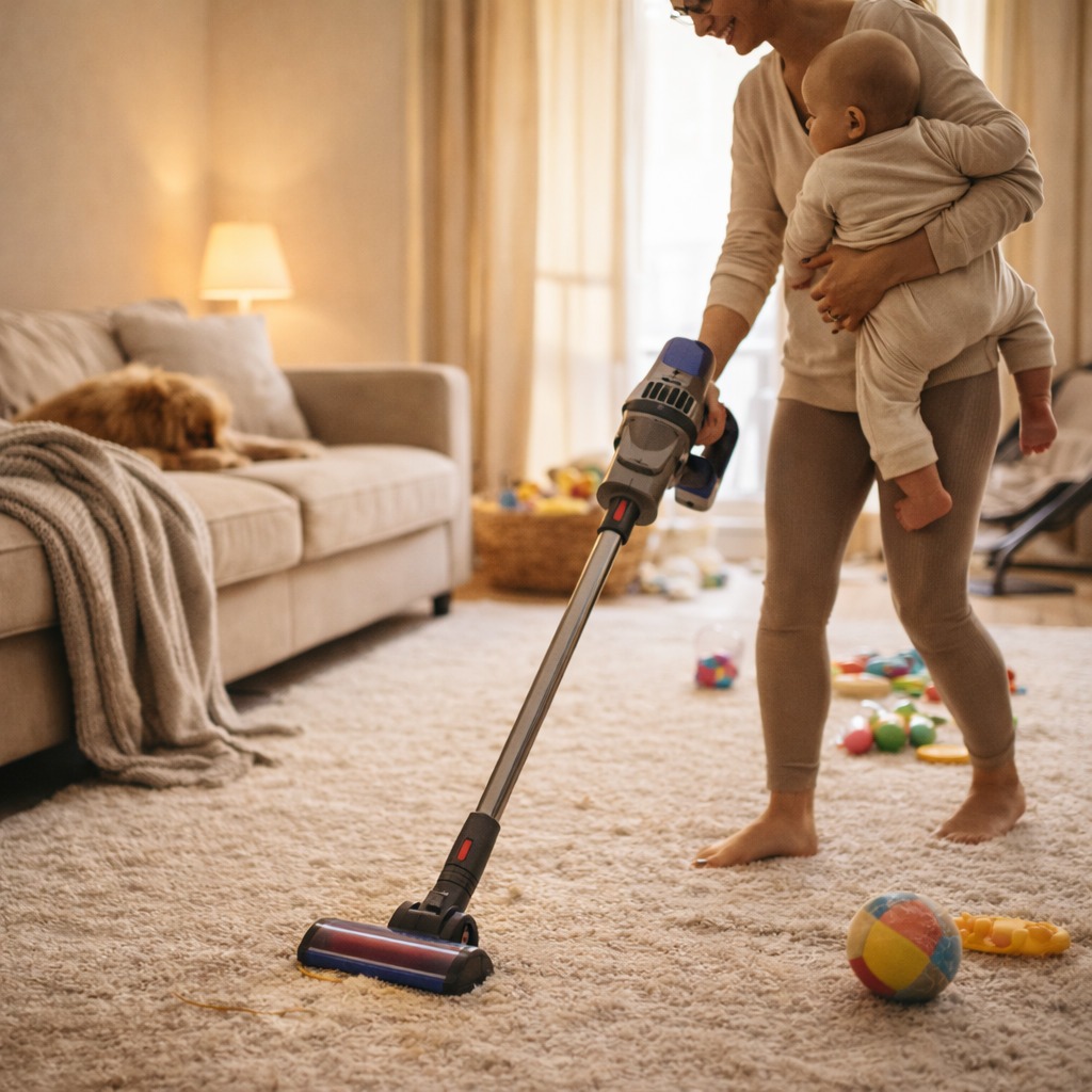 Mutter saugt mit Akkustaubsauger während sie ihr Baby auf dem Arm hält im Wohnzimmer
