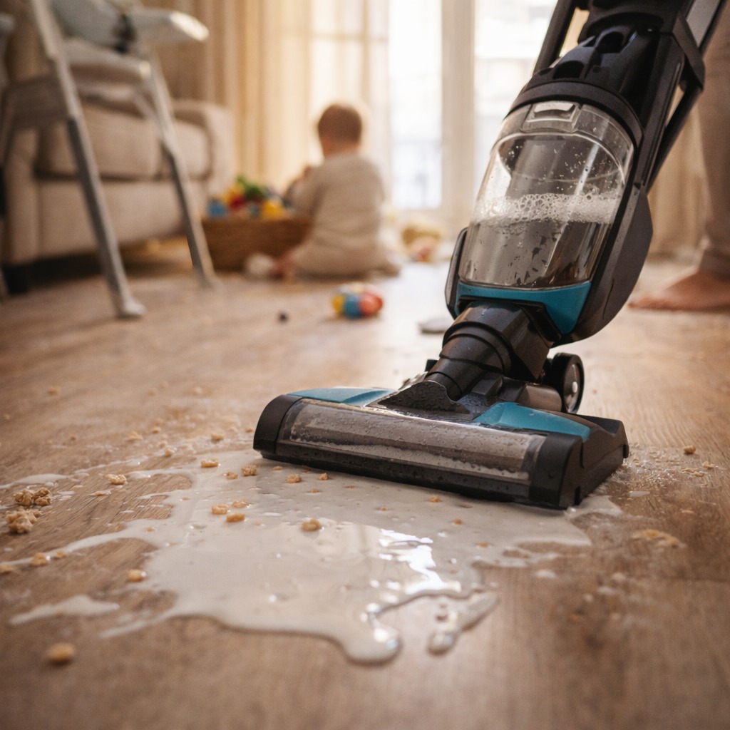Nasssauger reinigt verschüttete Flüssigkeit und Krümel auf dem Boden im Haushalt mit Baby