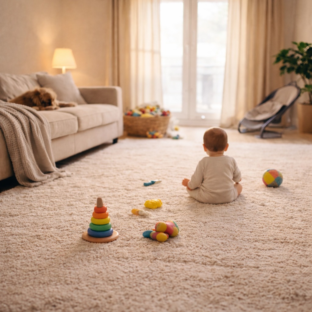Aufgeräumtes Wohnzimmer mit Baby und Spielzeug in ruhiger Atmosphäre nach dem Putzen