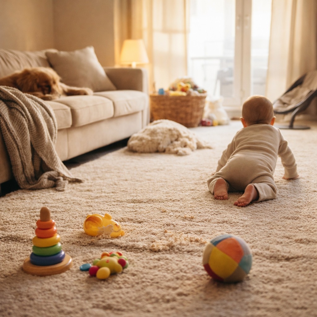 Baby krabbelt auf Teppich im Wohnzimmer mit Spielzeug und leichten Verschmutzungen im Alltag mit Haustieren