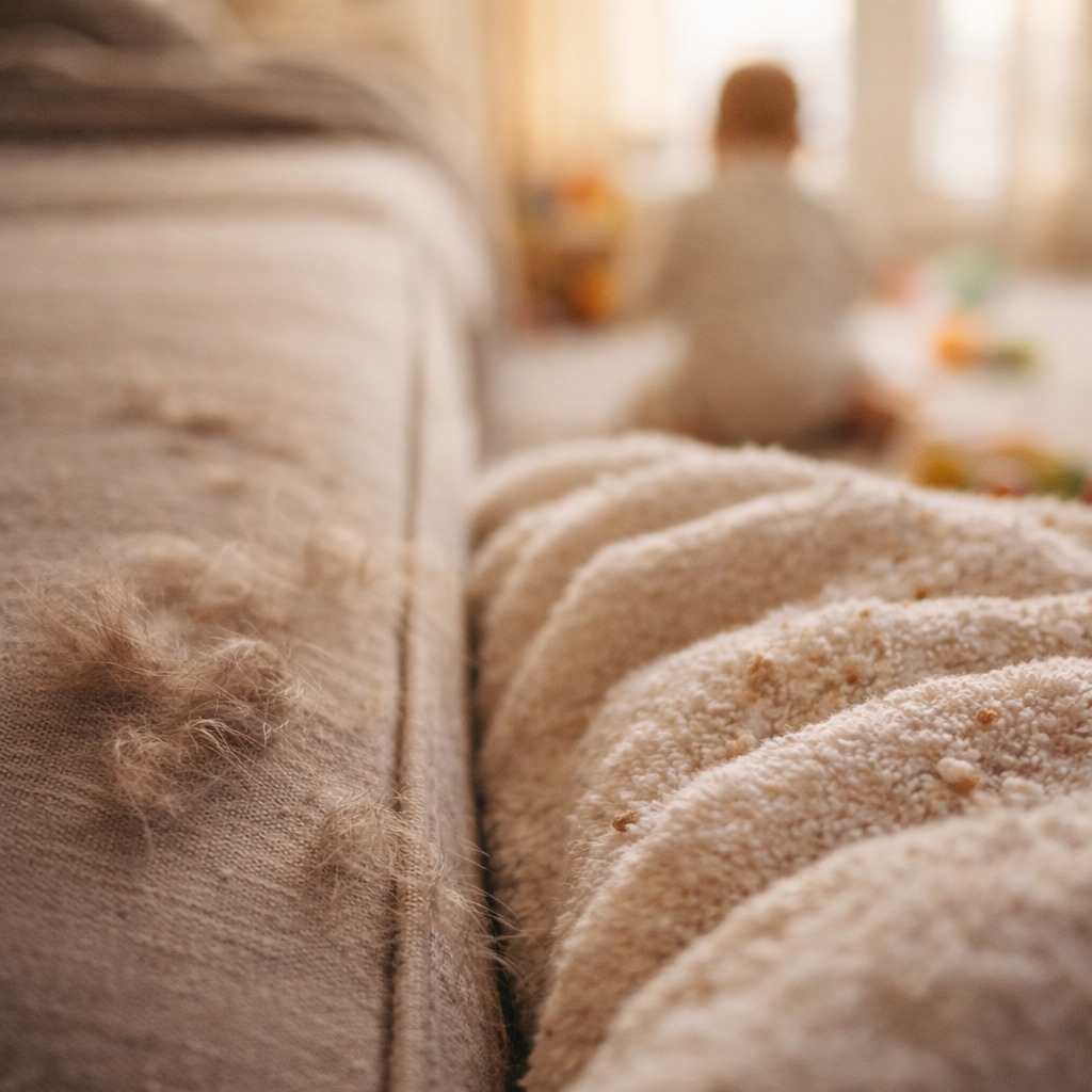 Nahaufnahme von Tierhaaren und Krümeln auf Sofa und Babydecke im Alltag mit Haustieren